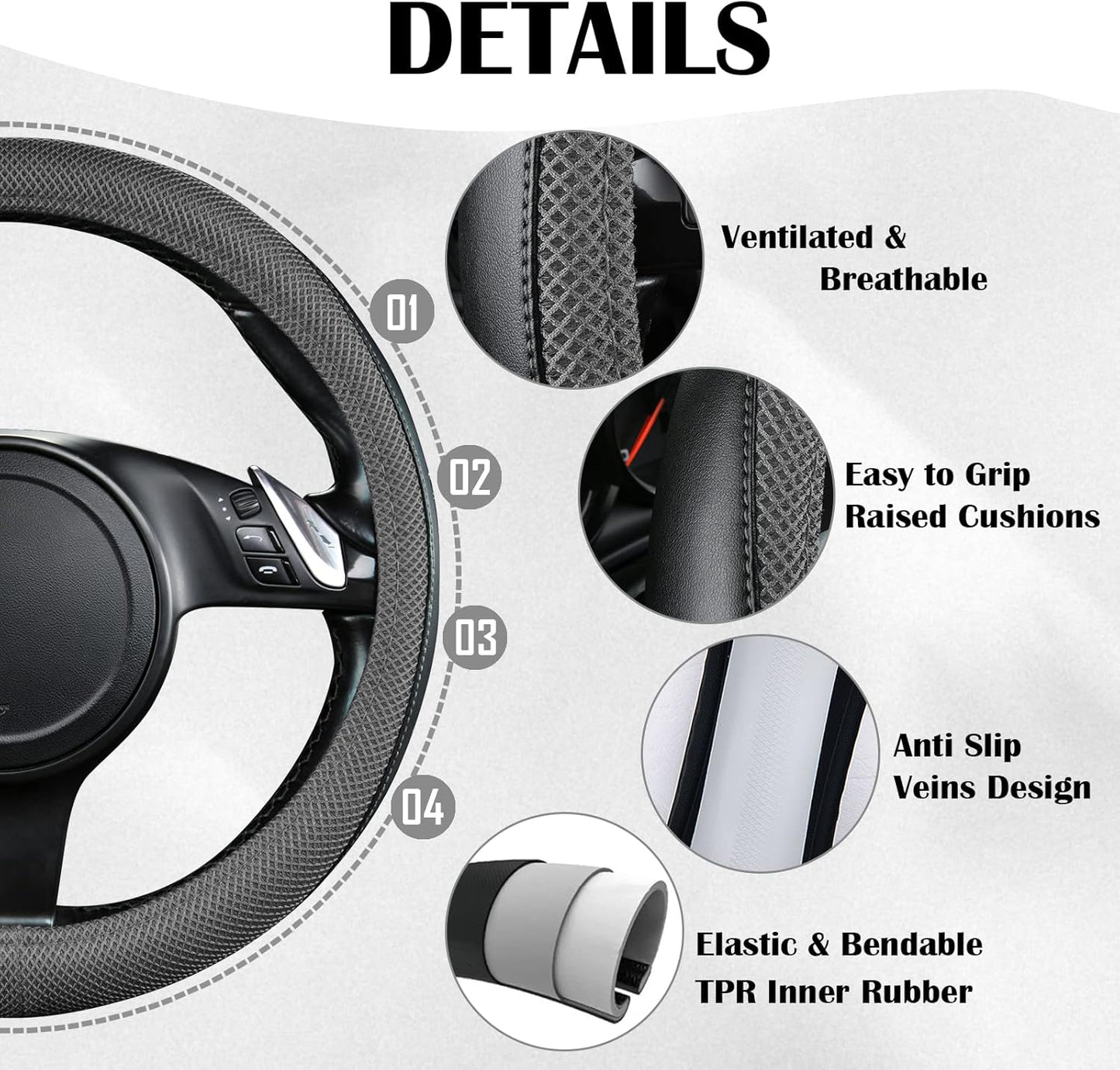 CAR PASS 3D Air Mesh Car Seat Covers Full Sets w/5mm Sponge, 4Pcs Waterproof Car Floor Mats, Steering Wheel Cover Universal Fit for SUV Sedan Truck, Airbag Compatible Automotive Interior(Black Gray)