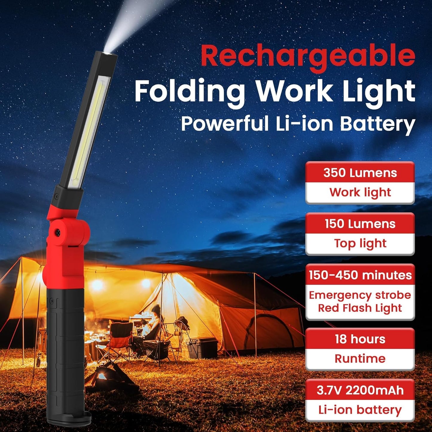 Rechargeable Work Light 2200mAh Magnetic LED Work Light Flashlight Mechanic Light Tool Gifts for Men Him, Foldable Lamp with Hook for Car Repair Emergency BBQ Grill