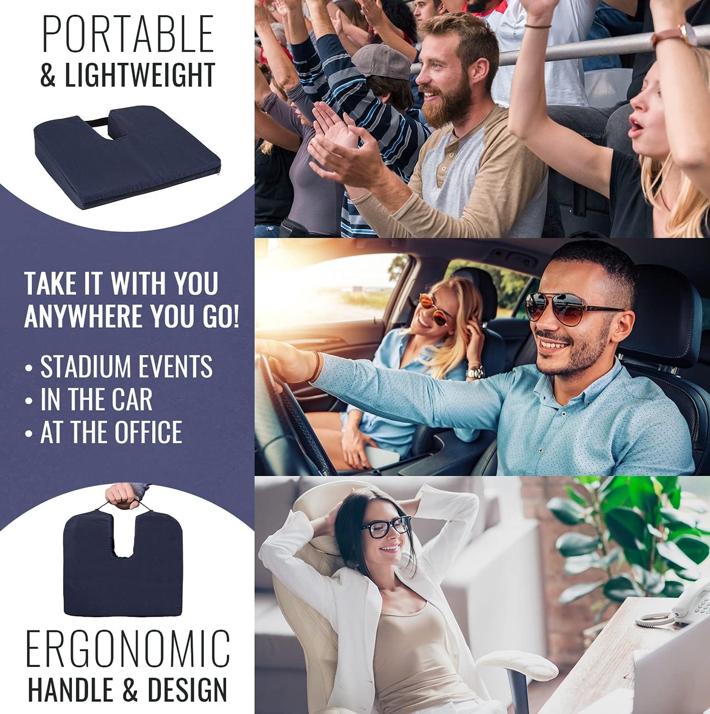 DMI Gradual Slope Seat Cushion for Coccyx, Sciatica and Tailbone Pain Used with Dining Room Chairs, Desk Chairs, Car Seats or Wheelchair Cushions, Machine Washable-Cover, 15 Inch, Navy (Pack of 2)