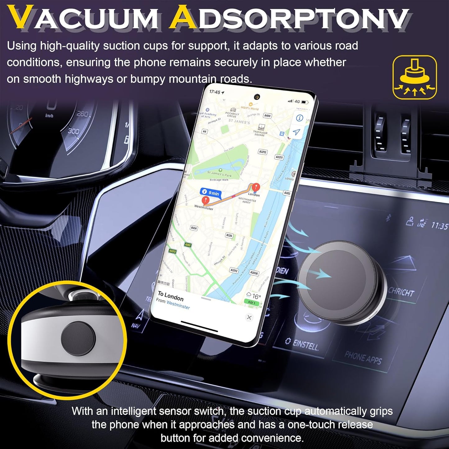 Fostex Vacuum Magnetic Phone Holder Magnet,360 Adjustable Rotatable Magnetic Mount,Electric Vacuum Magnetic Phone Holder,Hands-Free Phone Holders for Your Car iPhone 16/15/14/13/12
