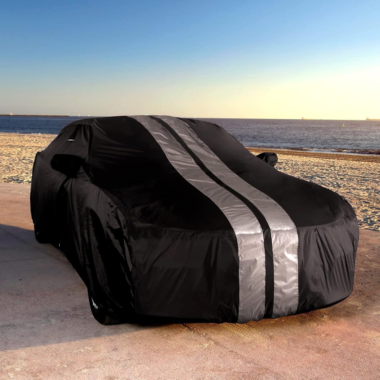 iCarCover Custom Car Cover Compatible with Challenger 2008-2024, Waterproof All-Weather Rain Snow UV Sun Protector Full Exterior Indoor Outdoor Car Covers, Stripe (Black/Gray)