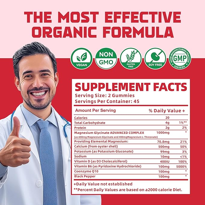 Magnesium Glycinate Gummies 1000mg with Magnesium L-Threonate,Chelated Magnesium Potassium Complex Supplement with VitD, B6, CoQ10, Calcium,Supports for Memory, Calm, Mood - 90 Gummies Strawberry