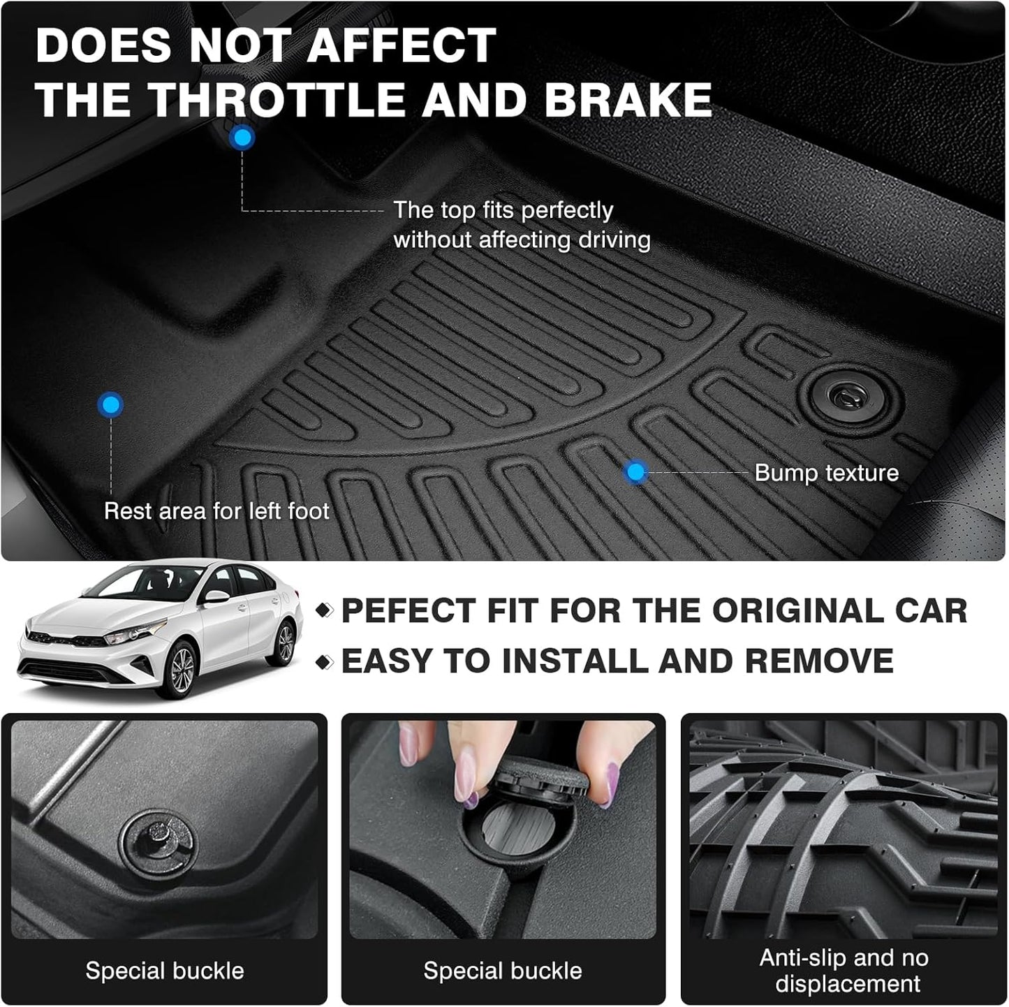 Powerty Floor Mats for 2019-2022 2023 2024 Kia Forte Accessories All Weather Floor Liner 3D TPE 1st & 2nd Row Floor Mat Heavy-Duty Floor Liners