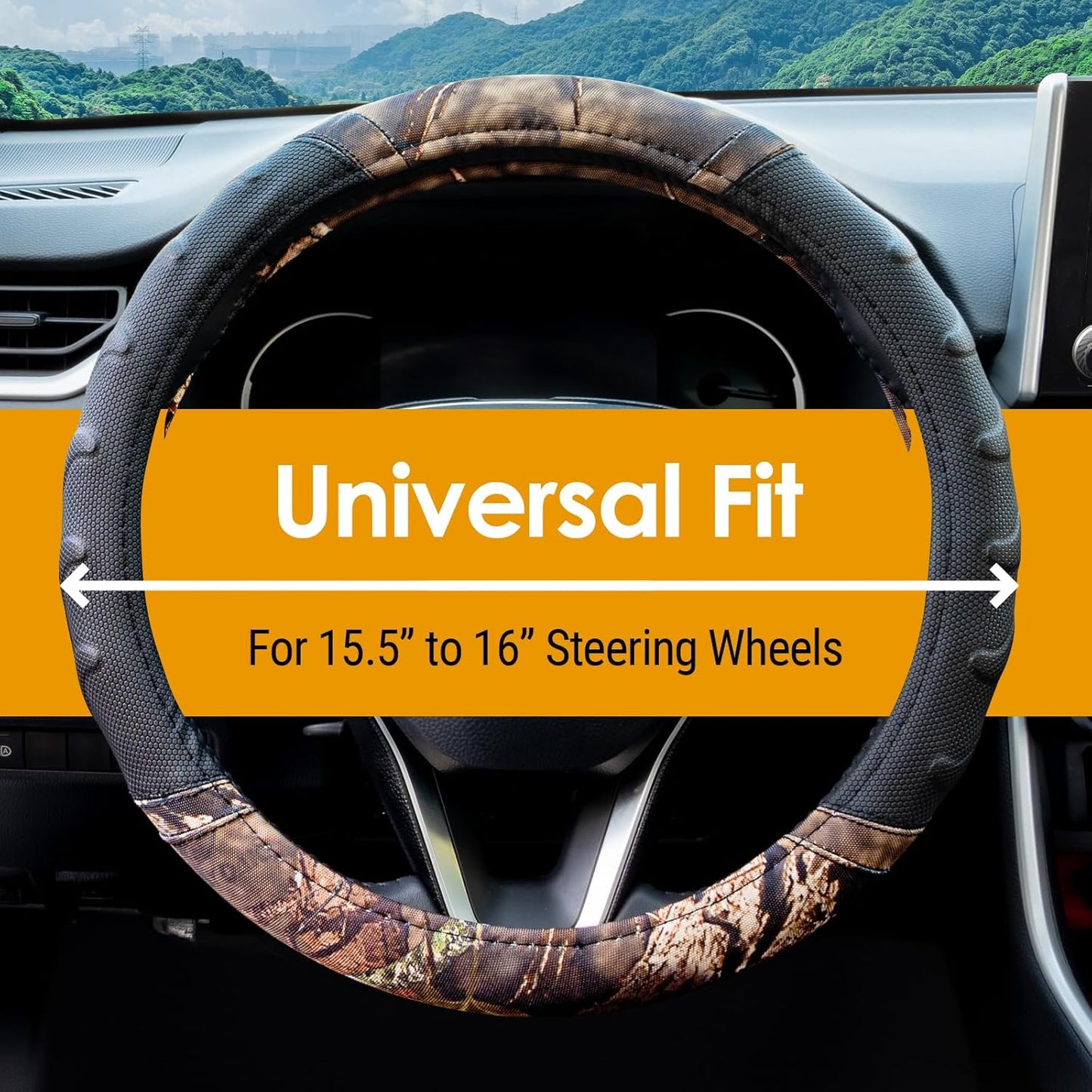 Mossy Oak Steering Wheel Cover with Comfort Grip; Heavy Duty 600D Oxford Material with Mossy Oak Break-up Country Camouflage; Fits Sedans Compact SUVs Mini Vans with Steering Wheel Size 14.5" to 15"