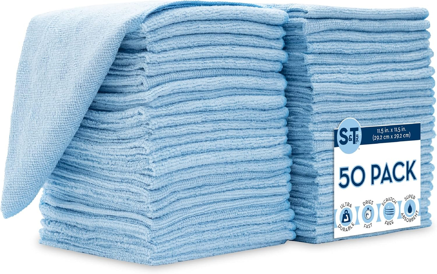 S&T INC. 50 Pack Microfiber Cleaning Cloth, Bulk Towels for Home, Reusable Microfiber Towels for Cars, Cleaning Rags, Light Blue, 11.5 Inches x 11.5 Inches, 50 Count