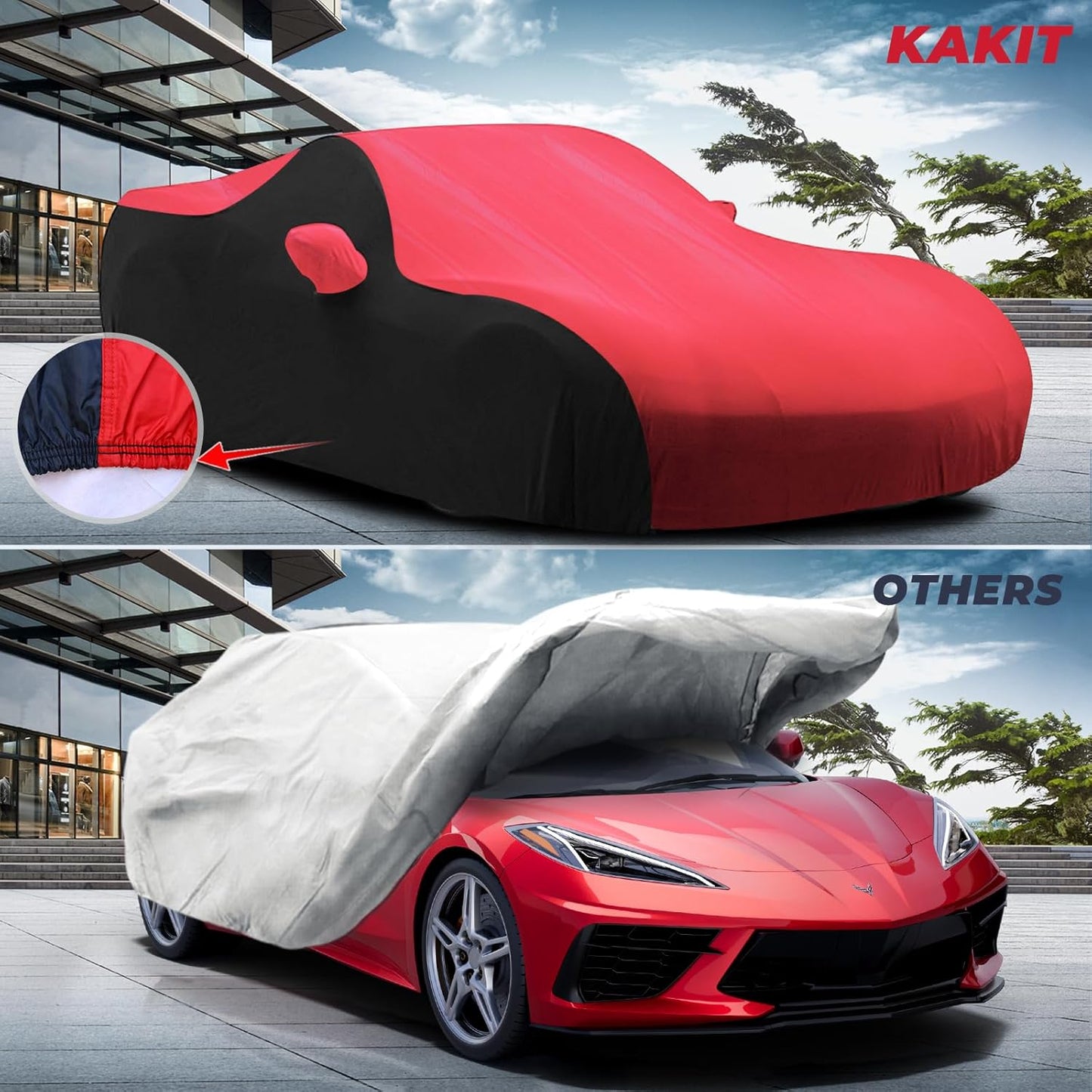 KAKIT Waterproof Car Cover Custom Fit for 2020-2022 C8 Stingray, UV Resistant Fade-Proof Cover for Chevy Corvette, Indoor & Outdoor Use (Red & Black Combo)