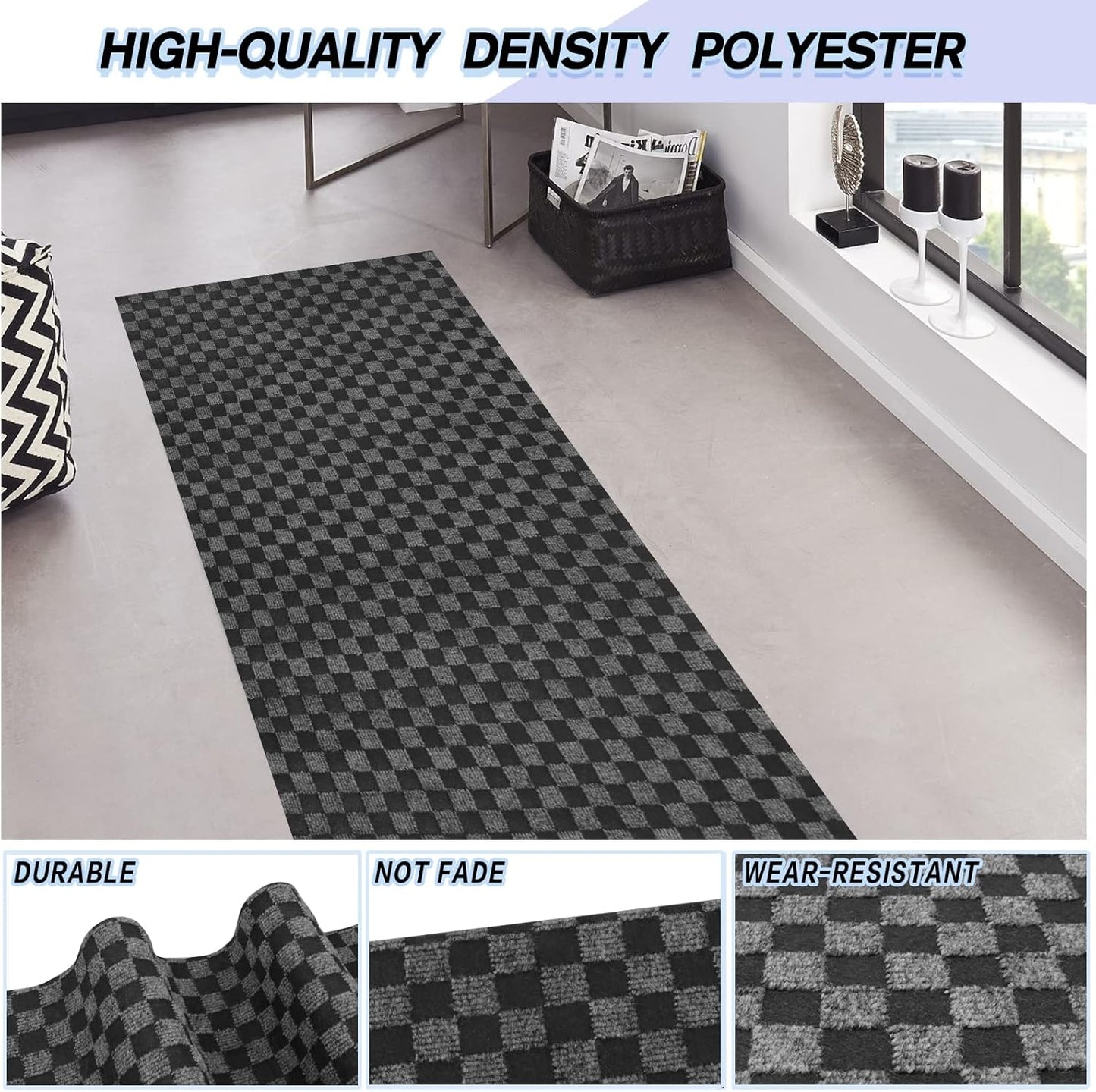 Custom Size Backed Non-Slip Area Rugs Runner, Easy Clean, Waterproof Runner Rugs for Hallway Entryway, Kitchen, Laundry, 3FT x 3FT, Gray Checkered