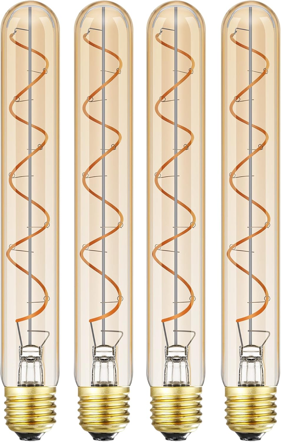 Vintage LED Spiral Filament Bulb T10, 8.9inch Long Tubular Dimmable Edison Light Bulbs,E26 Base,Amber Glass,Warm White,2200K, 400LM(40W Equivalent), Pack of 4