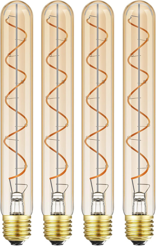 Vintage LED Spiral Filament Bulb T10, 8.9inch Long Tubular Dimmable Edison Light Bulbs,E26 Base,Amber Glass,Warm White,2200K, 400LM(40W Equivalent), Pack of 4