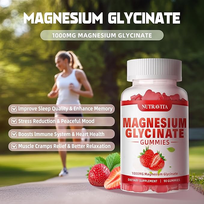 Magnesium Glycinate Gummies 1000mg with Magnesium L-Threonate,Chelated Magnesium Potassium Complex Supplement with VitD, B6, CoQ10, Calcium,Supports for Memory, Calm, Mood - 90 Gummies Strawberry
