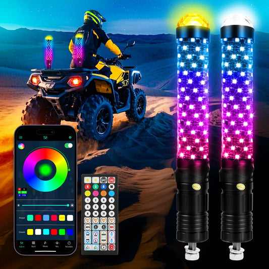 DREAMIZER 2Pack 1FT Fat Whip Lights New Upgraded Spiral LED Whip Light with Strobe Light RGB Chasing Dancing Lighted Antenna Whips W/APP&Remote Control for SXS UTV ATV RZR Can-Am X3 Off-Road Truck