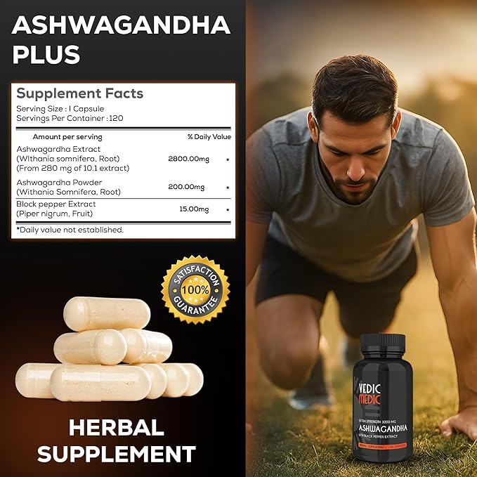 Organic Ashwagandha Capsules Extra Strength 3000mg with Black Pepper Extract - Stress Relief, Mood Enhancer, Energy Support - Non-GMO, Vegan, Gluten Free (120)