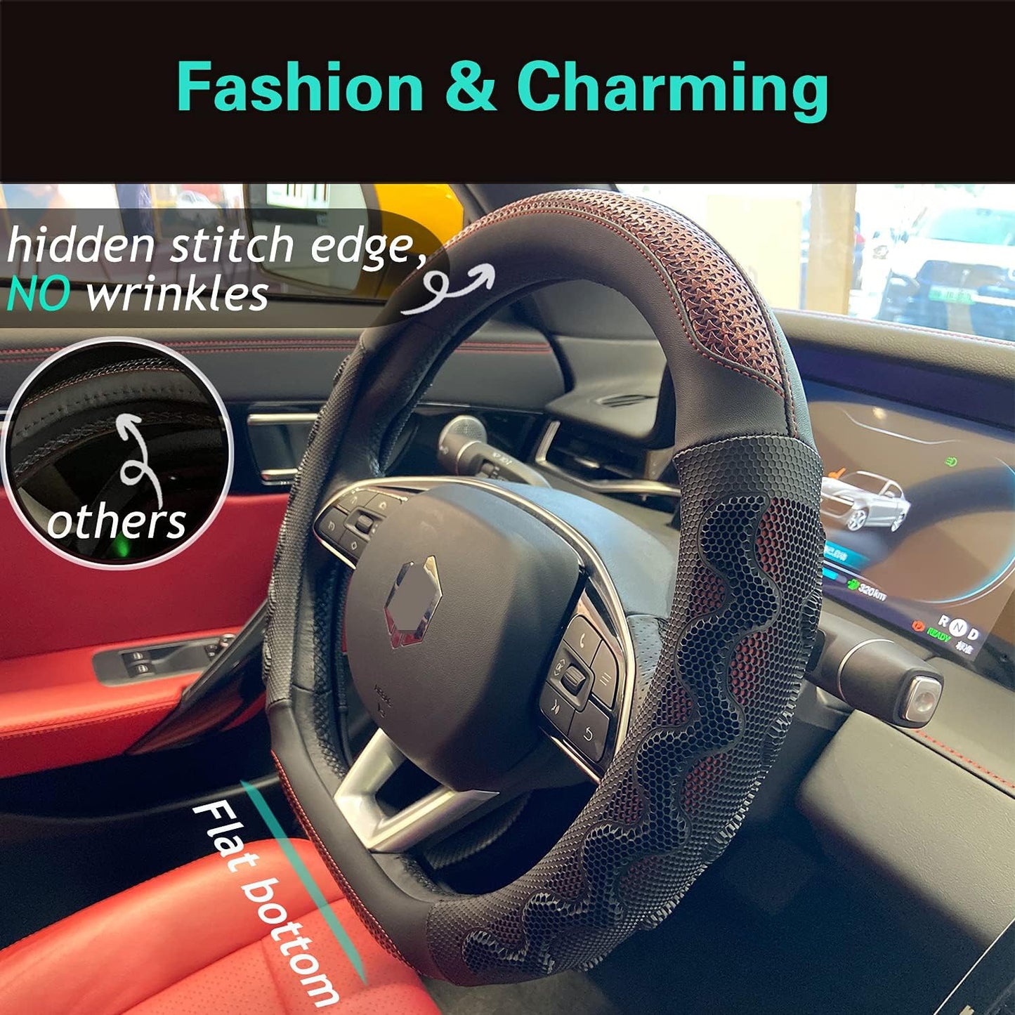 PINCTROT D Shaped 14 Inch Small Sized Steering Wheel Cover Great Grip with 3D Honeycomb Anti-Slip Design, Flat Bottom 14 Inch (Wine Red)