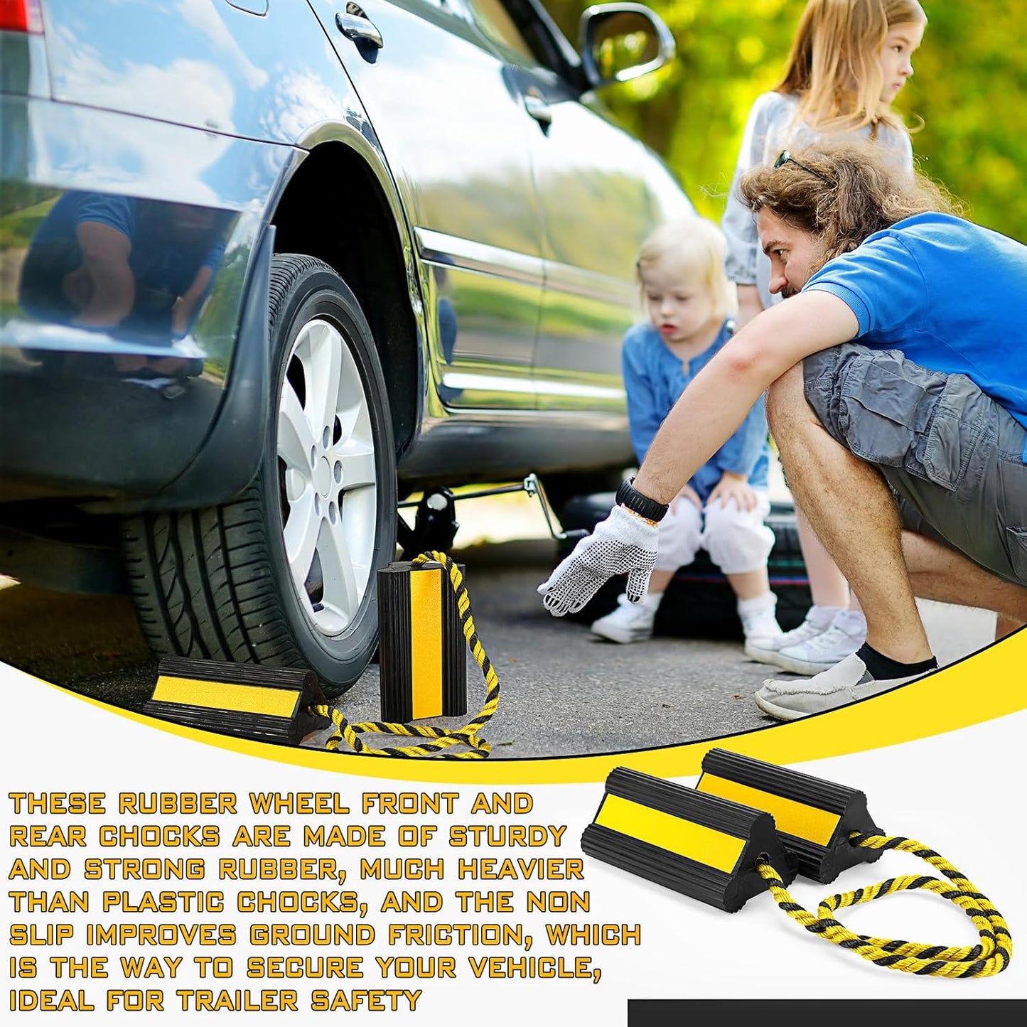 4 Pair Heavy Duty Wheel Chocks for RV Trailer, Rubber Wheel Stoppers, Dual Blocks, Non Slip Tire Chock with Nylon Rope Reflective Tape for RV Camper Travel Trailers Car Truck (Yellow)