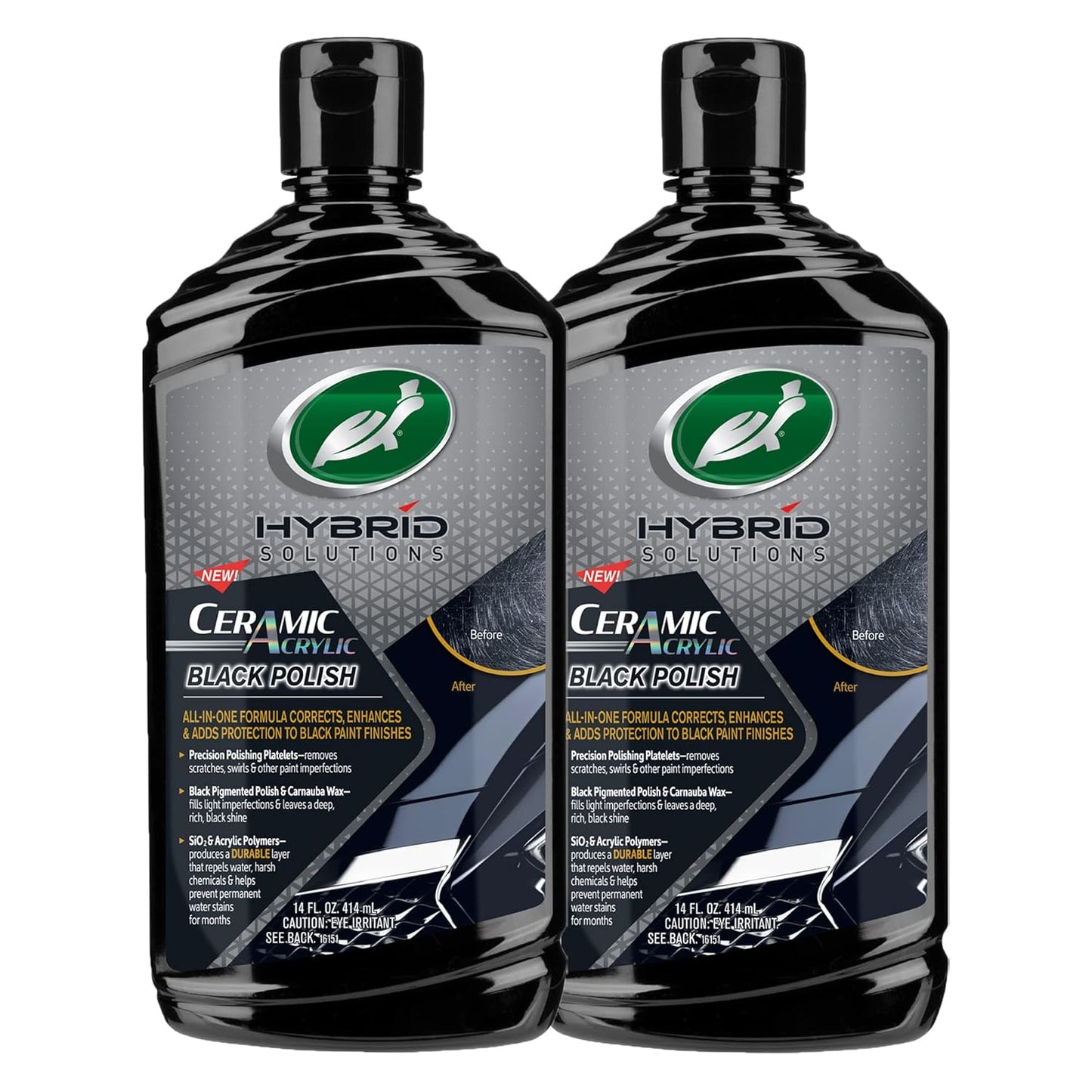 Turtle Wax 53894 Hybrid Solutions Ceramic Acrylic Black Polish and Wax Formulated for Black Car Paint, Removes Surface Scratches and Swirl Marks, Provides Water Repellency, 14 oz. (Pack of 2)