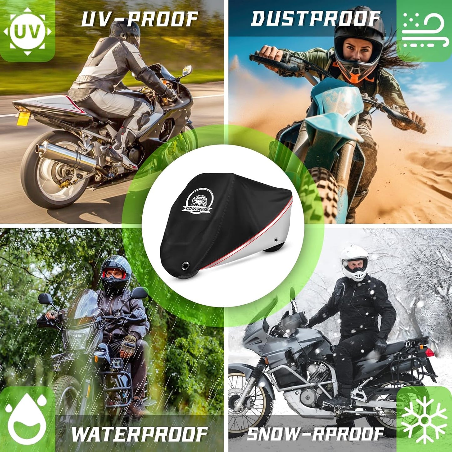 COVERVIN Motorcycle Cover, All Weather Outdoor Waterproof Night Protection with Reflective Strips, Locking Holes and Storage Bag for 96 Inch Suzuki, Kawasaki, Honda, Harley-Davidson(Silver XL)