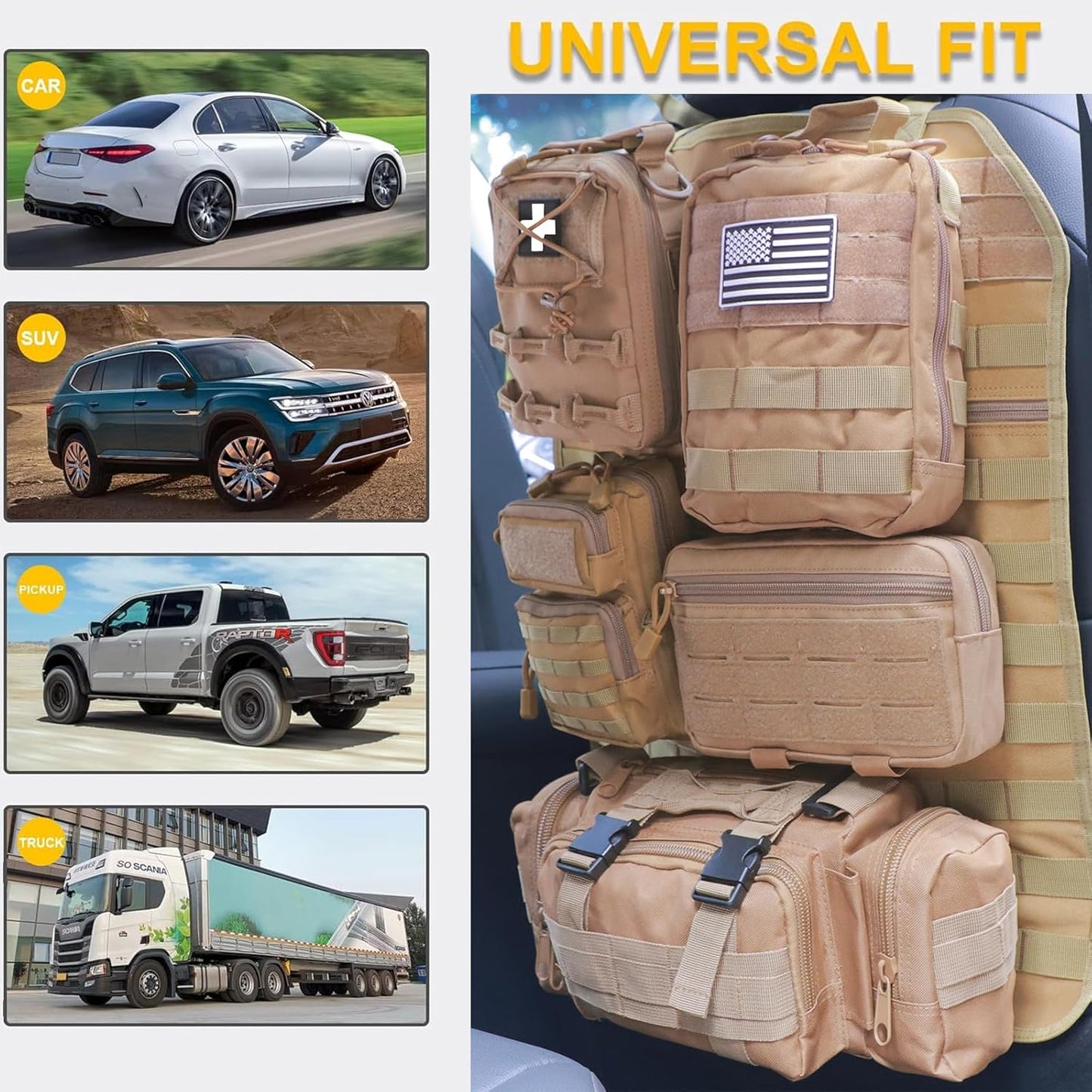 Universal Tactical Seat Back Organizer Vehicle Molle Panel Organizer Storage Bag with 5 Detachable Molle Pouch for All Vehicel Such as Jeep,Truck,SUV, Car, Ford,Chevy etc