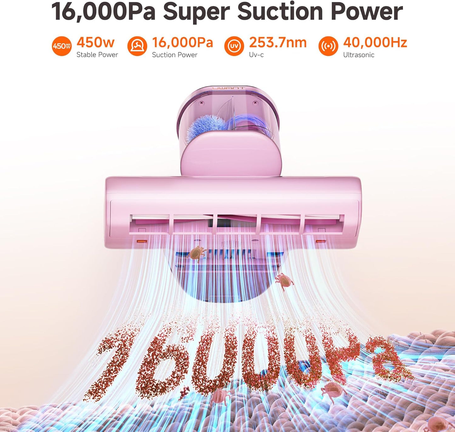 uwant Bed Cleaner with 16Kpa Suction Metal Roller 253.7nm Uv-c Light Mattress Vacuum Cleaner 36000RPM/Min 149℉ Heating HEPA Filter&Ultrasonic Mattress Vacuum for Sofa, Pillow, Bed Throws, Pink