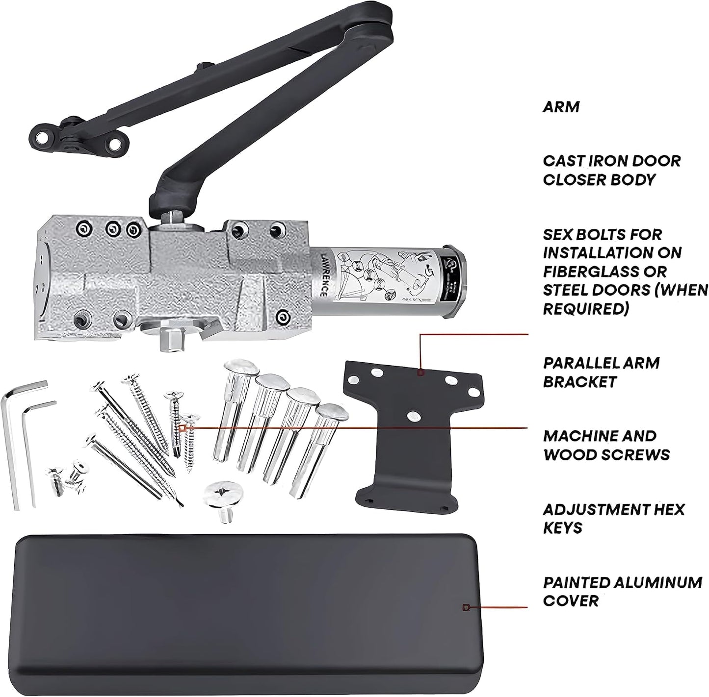 Lawrence Extra Heavy Duty Door Closer Commercial Grade 1 - Adjustable 6-Speed Delayed-Action Door Control with 3 Pistons – Flexible Installation with Included Hardware - Embassy Series LH8016