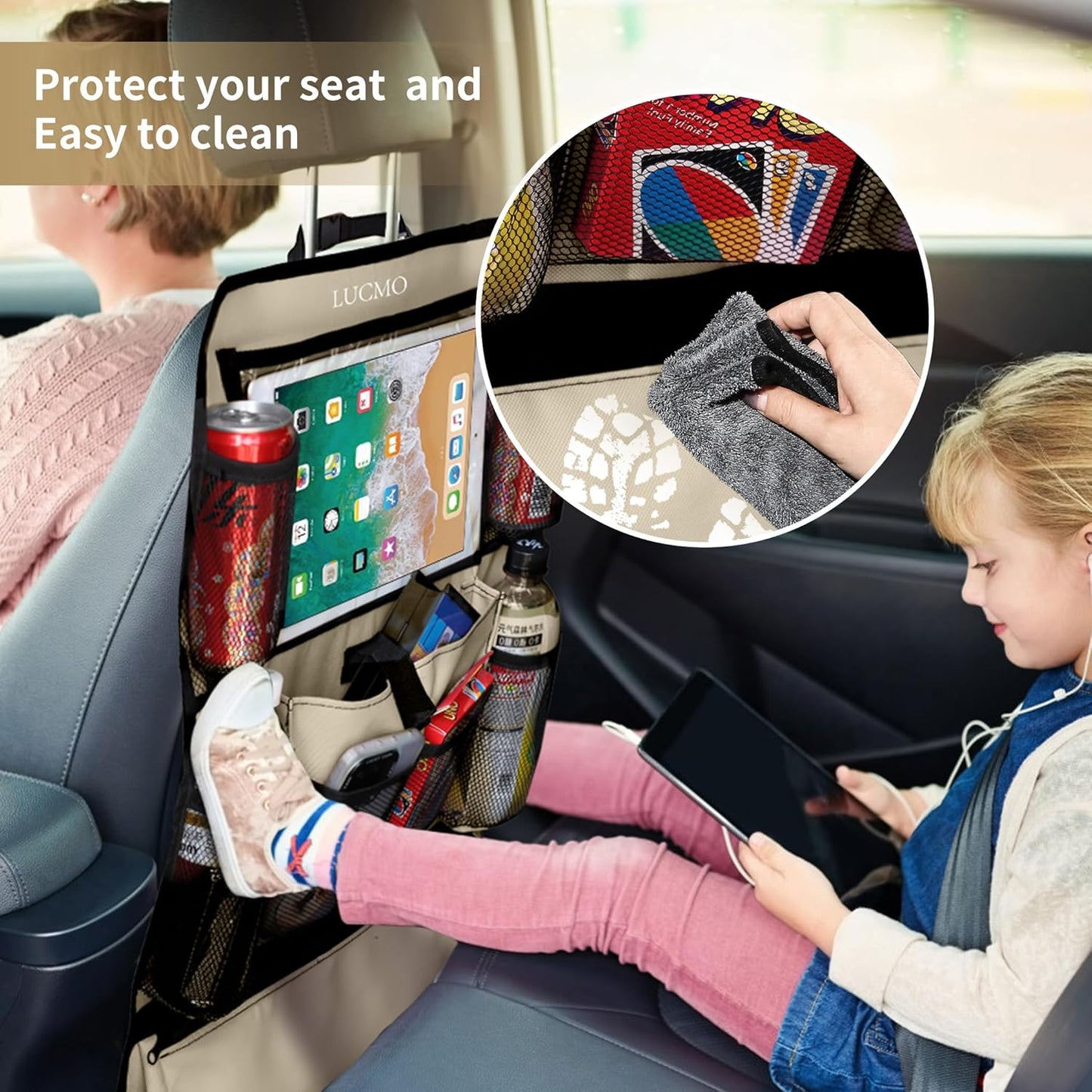 LUCMO Car Backseat Organizer with Touch Screen Tablet Holder-2 Pcs,9 Storage Pockets Car Storage Organizer Protectors Kick Mats Travel Accessories for Kids-Beige