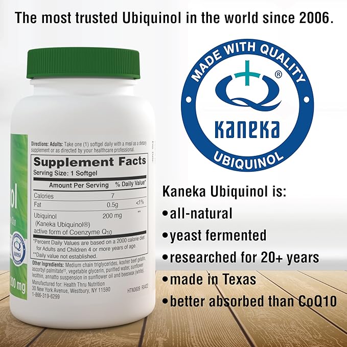 Health Thru Nutrition Ubiquinol 200mg 30 Softgels as Kaneka QH Reduced CoQ-10 | Stabilized - 3rd Party Tested | Enhanced Bioavailability | Cardiovascular & Mitochondria Function Support | Non-GMO