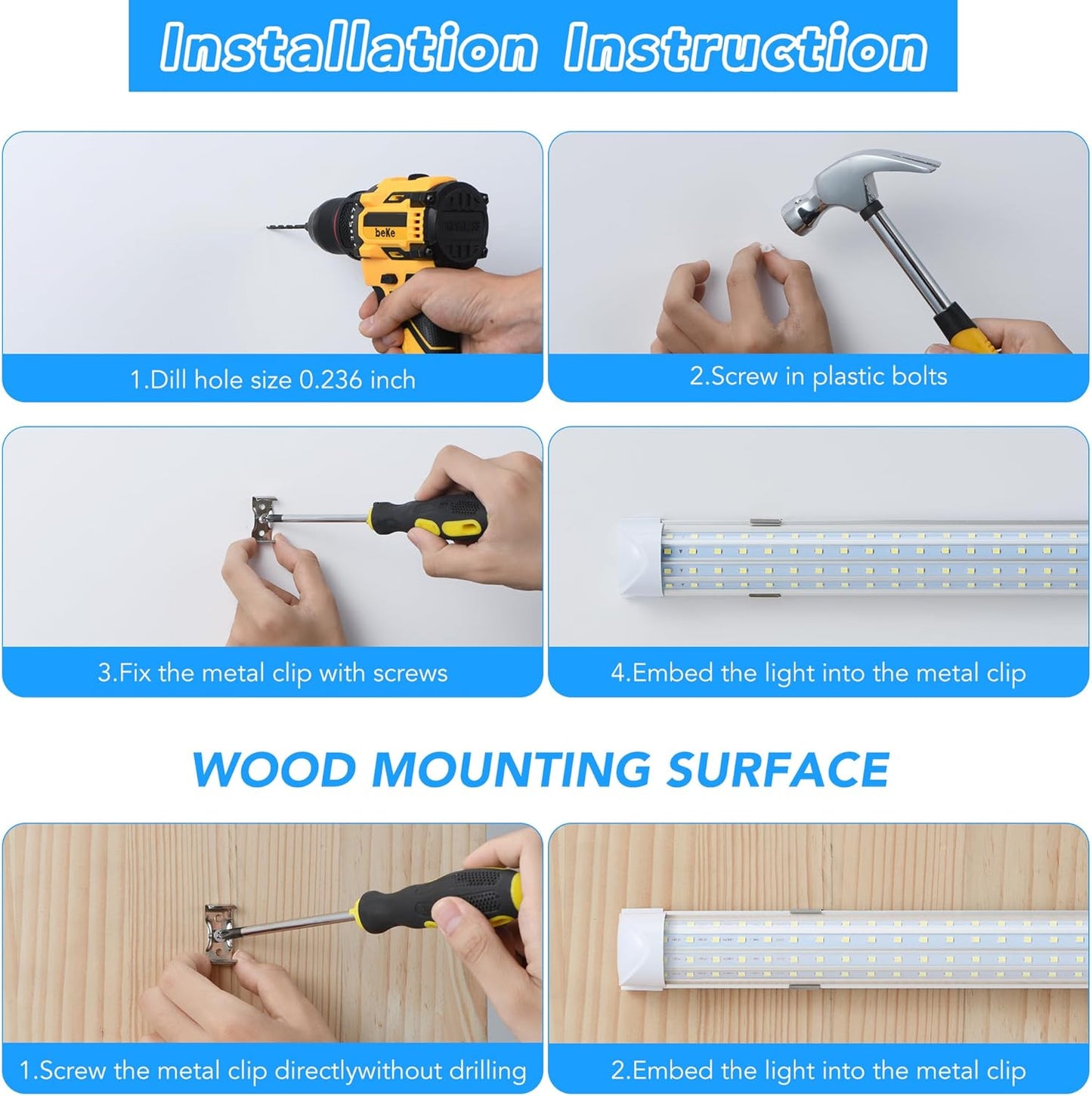 6 Pack 8FT T8 LED Shop Lights, 120W Integrated Tube Light, 19200LM 6000-6500K Daylight, Linkable Lighting, Plug & Play Energy-Saving Commercial Bay Lighting for Garage Warehouse Basement (V8)