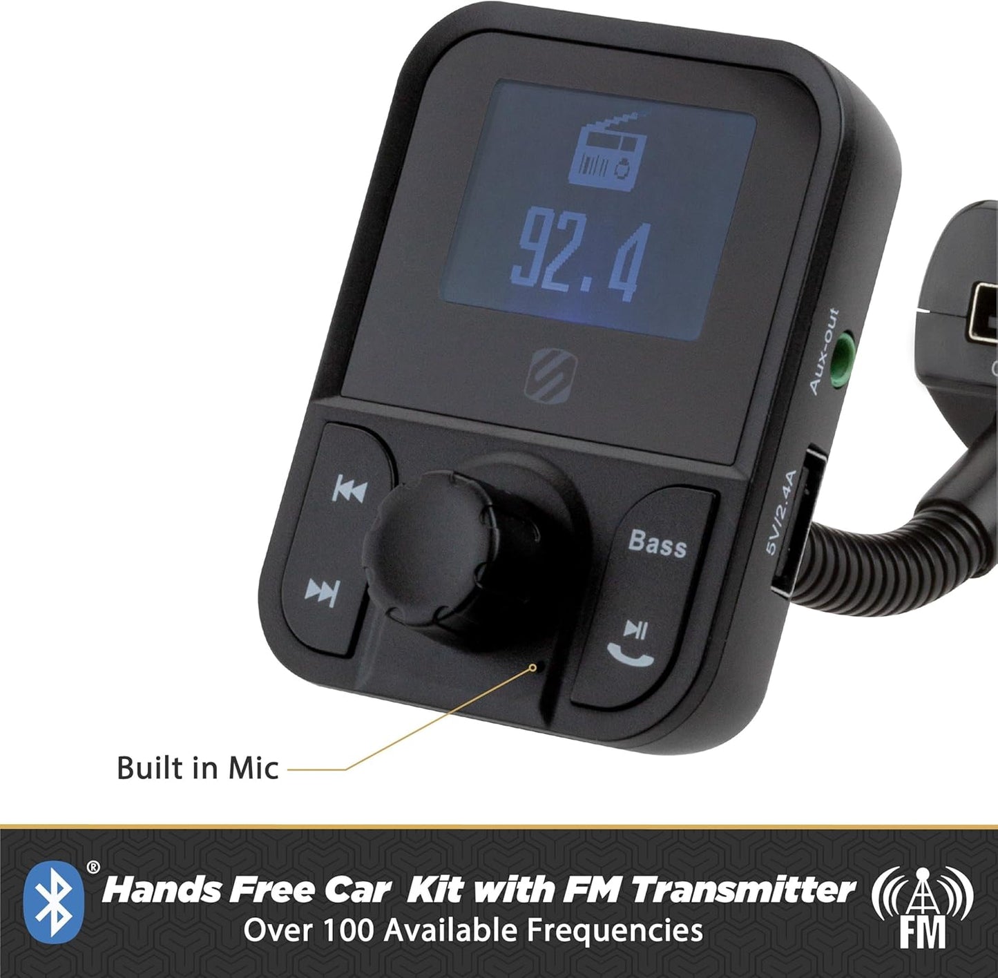 Scosche SBTFM1-XCES0 Bluetooth 5.0 FM Transmitter w/ Dual USB Charger Ports, LCD Screen, Adjustable Neck & Aux Port, Wireless Radio Bluetooth Adapter, Hands-Free Car Kit for Phone Calls & Music Player