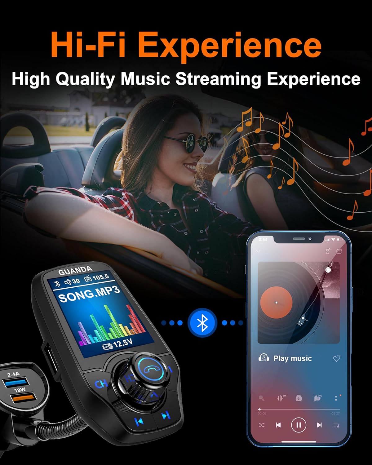 Upgraded Bluetooth FM Transmitter for Car, Wireless Radio Adapter Kit W 1.8" Color Display Hands-Free Call AUX in/Out SD/TF Card USB Fast Charge 18W for All Smartphones Audio Players - Matte Black