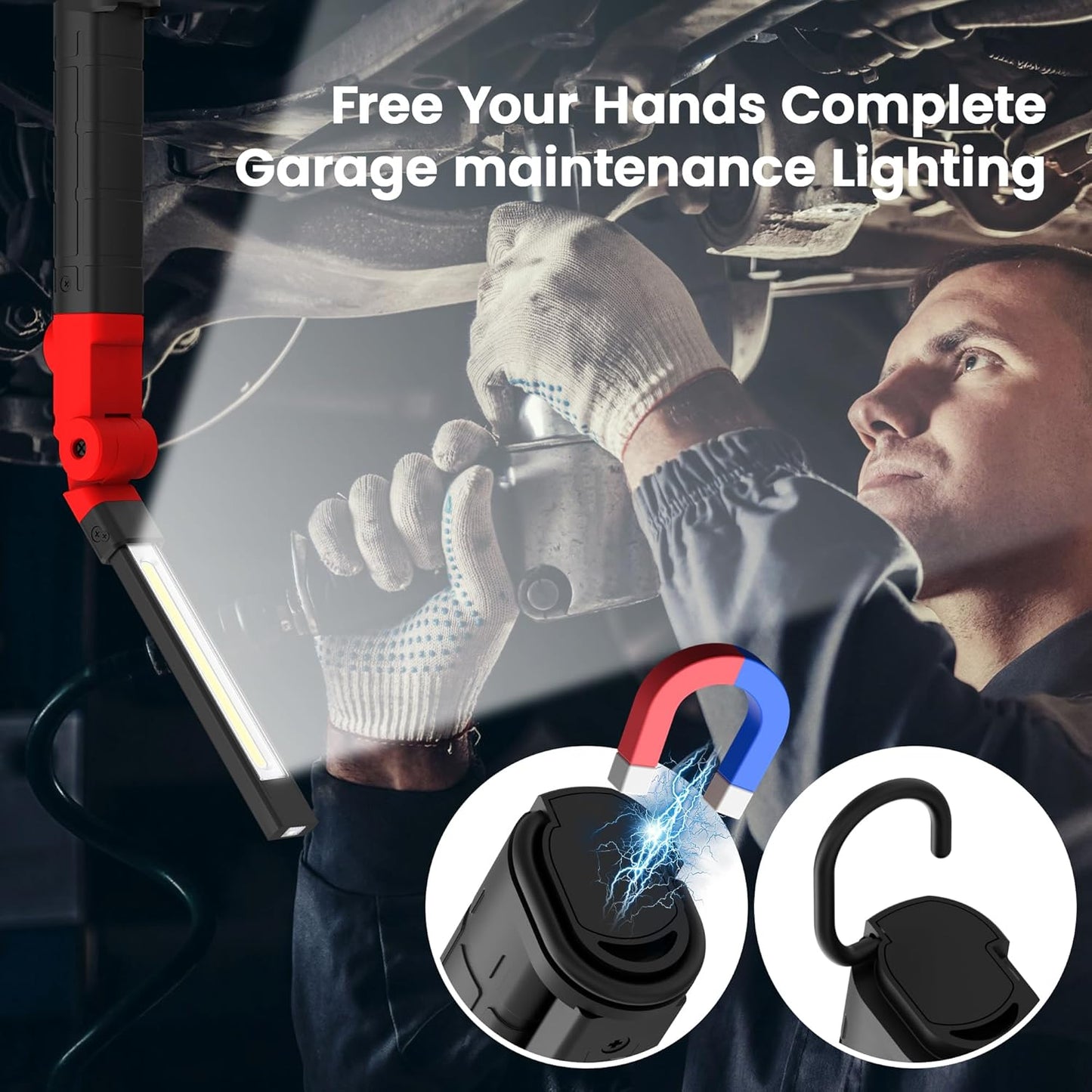 Rechargeable Work Light 2200mAh Magnetic LED Work Light Flashlight Mechanic Light Tool Gifts for Men Him, Foldable Lamp with Hook for Car Repair Emergency BBQ Grill (2 Pack)