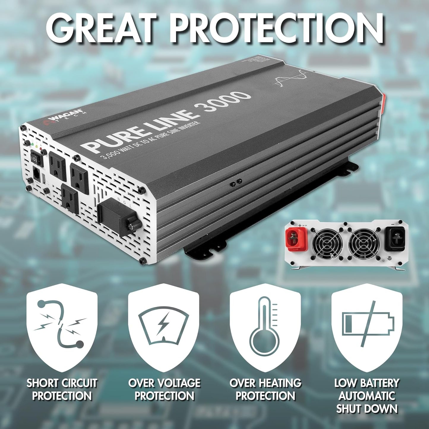 Wagan EL3810 Pure Line 3000 watt Power Inverter 6000 Watt Peak Surge Power DC 12V to 110V AC Car Inverter ETL Certified