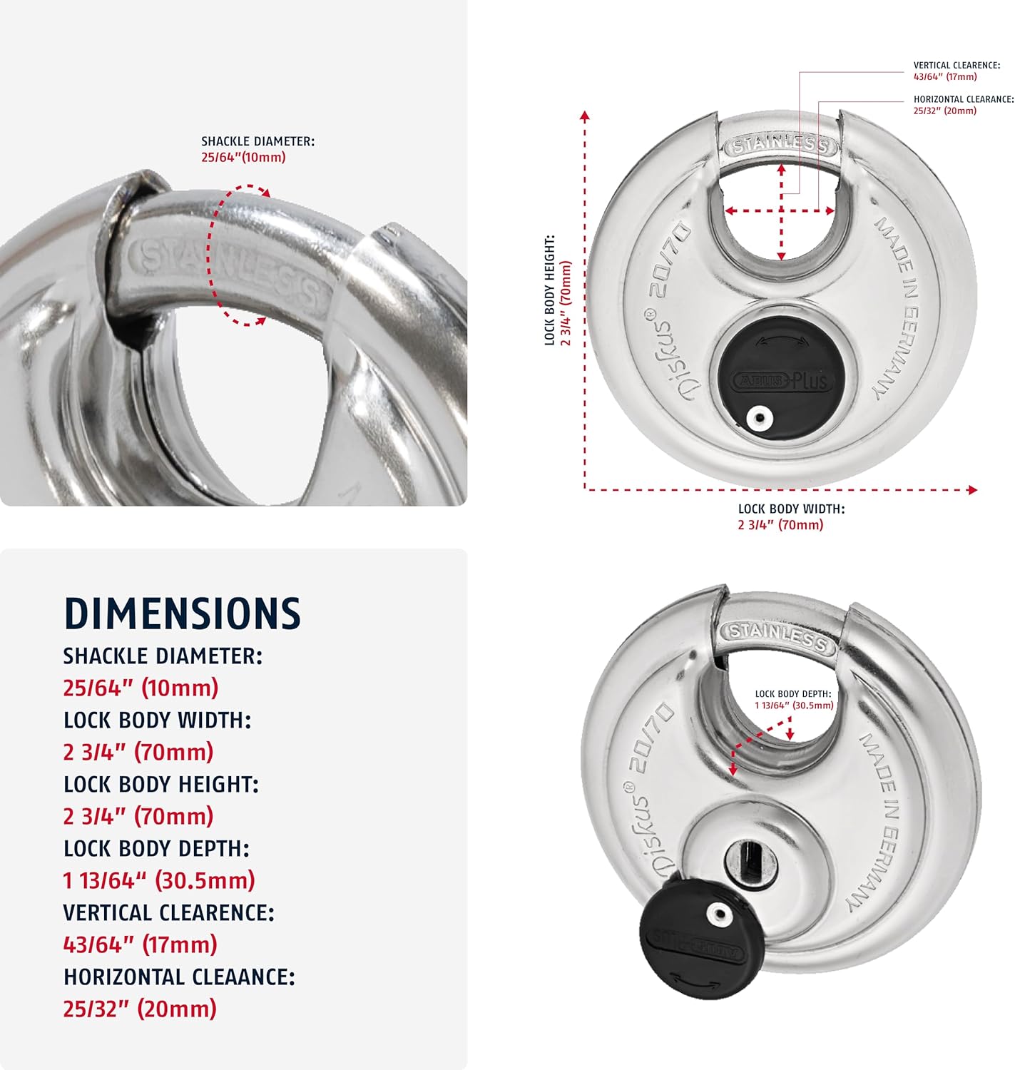 ABUS Diskus 20/70 Heavy Duty Stainless Steel Disk Padlock - Rustproof Lock with 3/8" Shackle - Made in Germany - Keyed Different