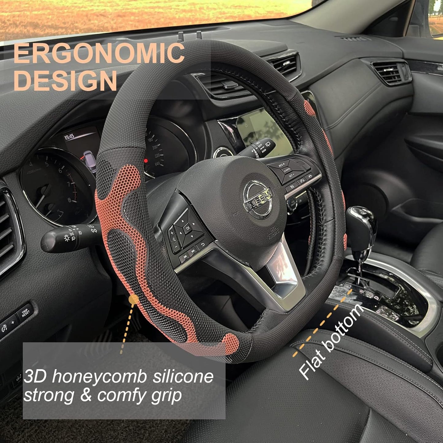 PINCTROT D Shaped Comfy Grip Steering Wheel Cover, Anti-Slip Design, Flat Bottom 14.5-15 Inch(Silicone Brown)