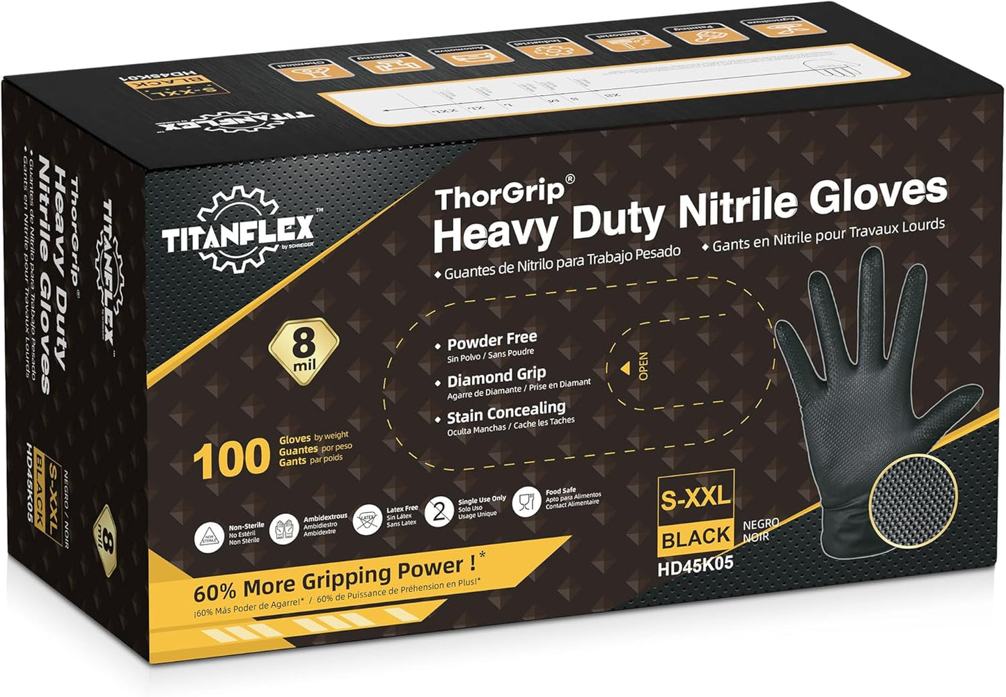 TitanFlex Thor Grip Heavy Duty Black Industrial Nitrile Gloves with Raised Diamond Texture, 8-mil, Latex Free