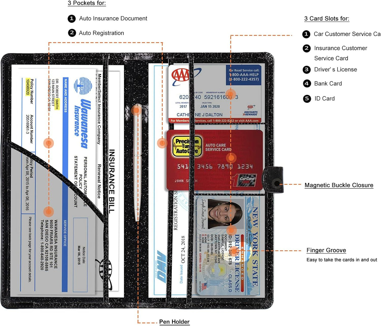 TOURSUIT Car Registration and Insurance Card Holder, Vehicle License Document Glove Box Compartment Organizer, Interior Car Accessories for Women Men (Glitter Black)
