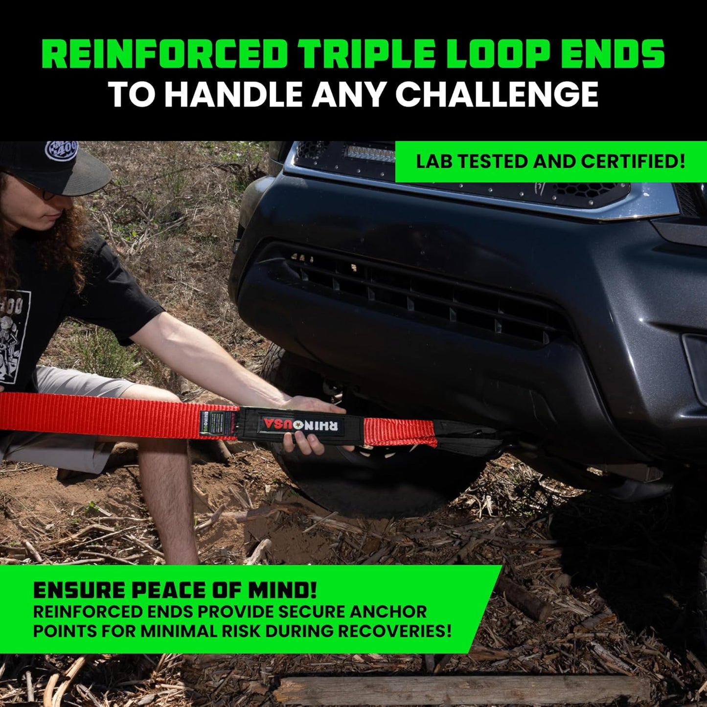 Rhino USA Recovery Tow Strap (3"x20') - 31,518lb Break Strength- Emergency Recovery Strap Tow Rope for Truck, UTV, ATV & More - Heavy Duty Towing Strap for Offroad 4x4 Use - Compatible with Jeep (Red)