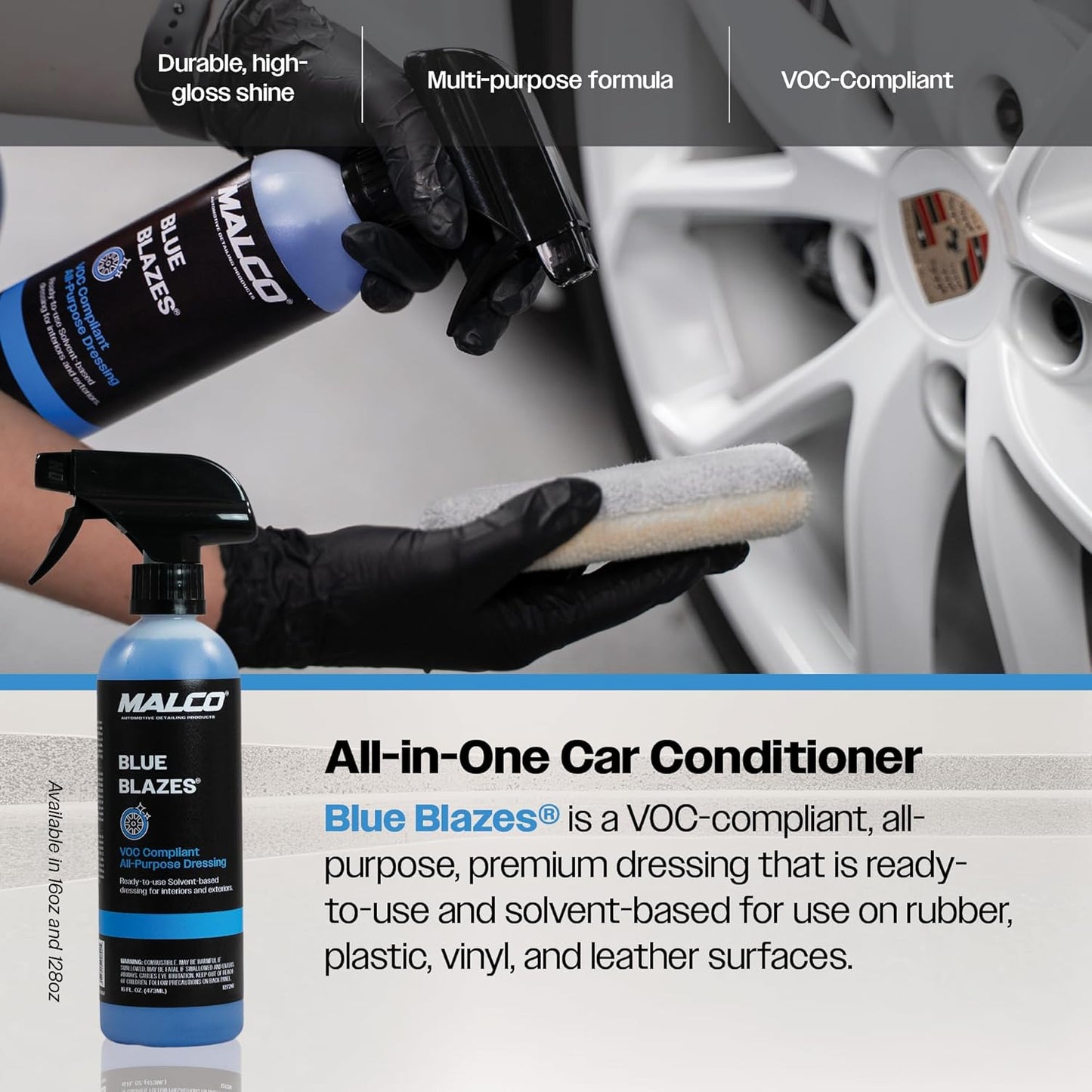 Malco Blue Blazes VOC Compliant All-In-One Car Conditioner – Protects & Preserves Leather, Rubber, Plastic, & Vinyl Surfaces/Produces a Durable, High-Gloss Shine/Pleasant Fragrance/16 Oz. (127216)
