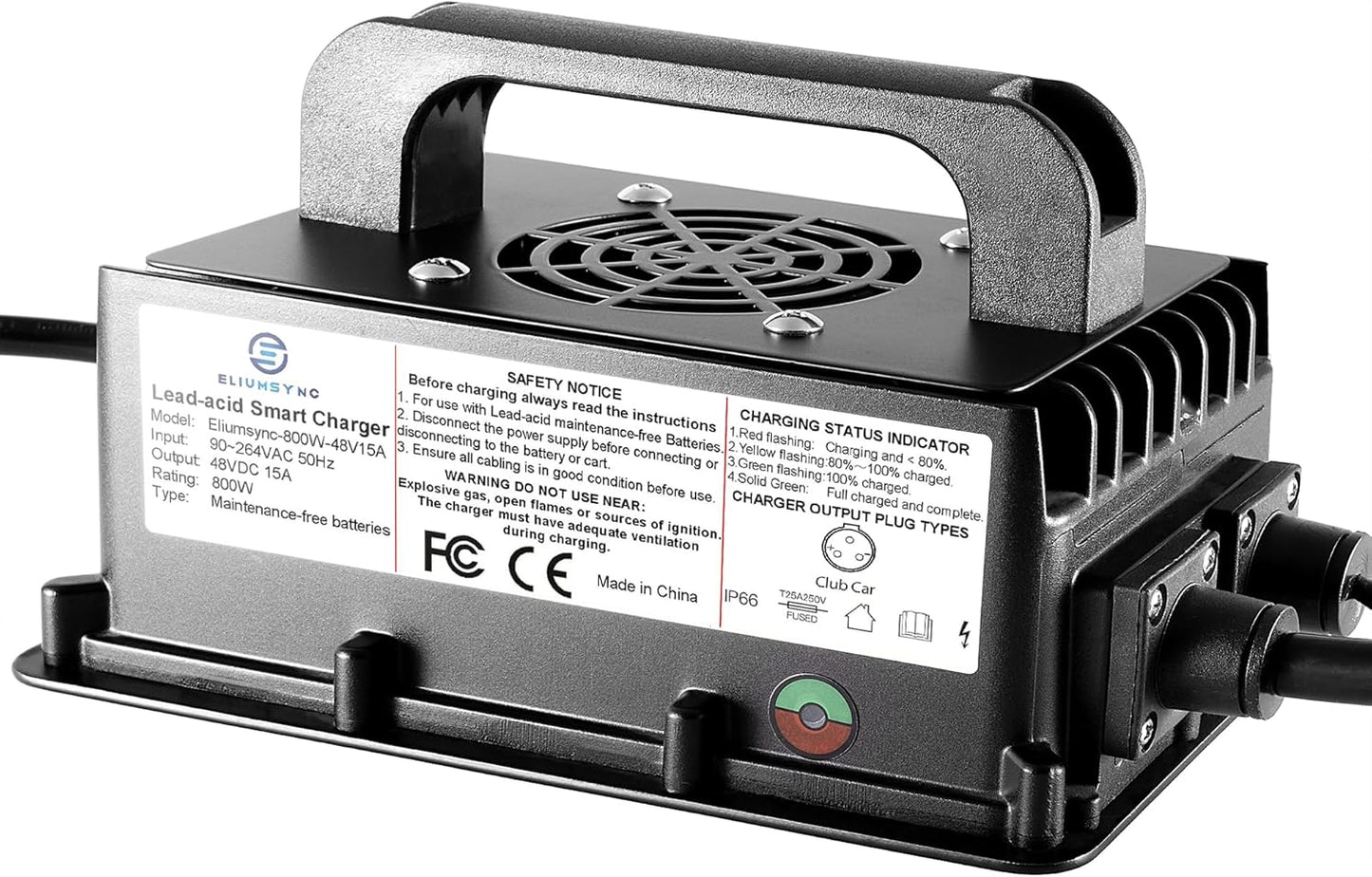 800W Lead Acid Battery Charger 48 Volt 15 AMP 3-Pin Original Gray One-Piece Plug Club Car DS&Precedent Golf Carts