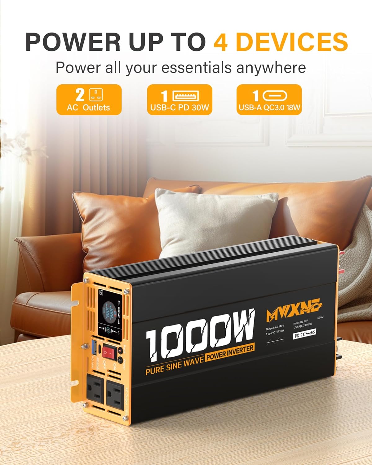 1000W Pure Sine Wave Power Inverter 12V DC to 110V 120V AC Converter with 2 AC Outlets, QC3.0/PD30W Fast Charging USB Ports, LCD Display and Remote Control, Car Inverter Adapter for Vehicles