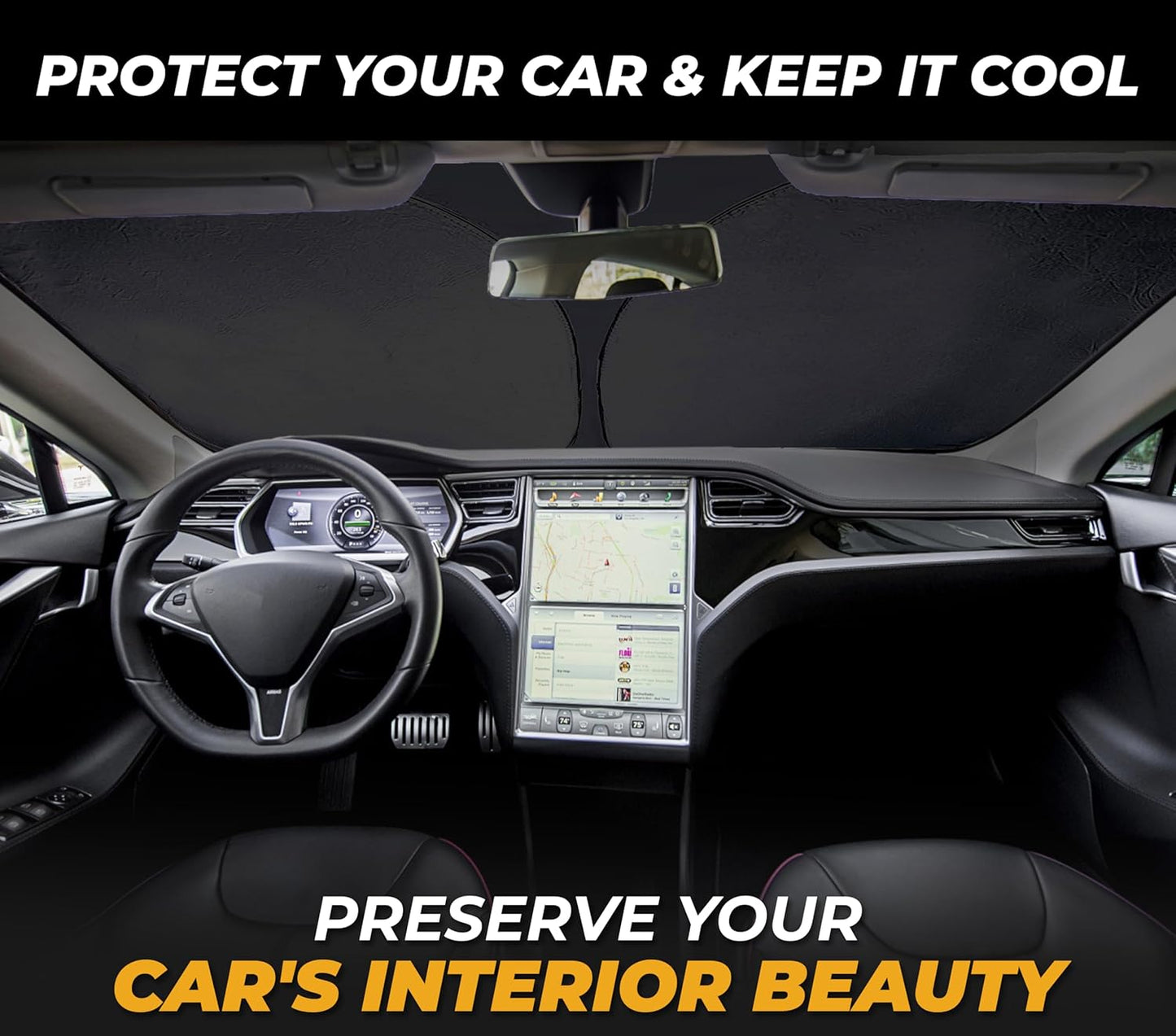 Tesla Windshield Sun Shade for Model(3/Y)(2016–2025) – XX-Large 56" x 36", Foldable Front Sunshade with Storage Bag | Reflective 240T Polyester | Blocks UV Rays&Heat – Interior Protection Accessory