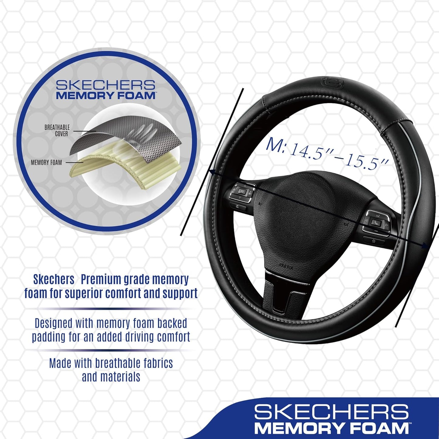 Skechers Memory Foam Steering Wheel Cover,Piping Microfiber Leather Steering Wheel Cover Sporty Universal Fit 14" 1/2-15" Car Wheel Protector for Men Women Fit Suvs,Vans,Sedans,Car,Trucks,Gray