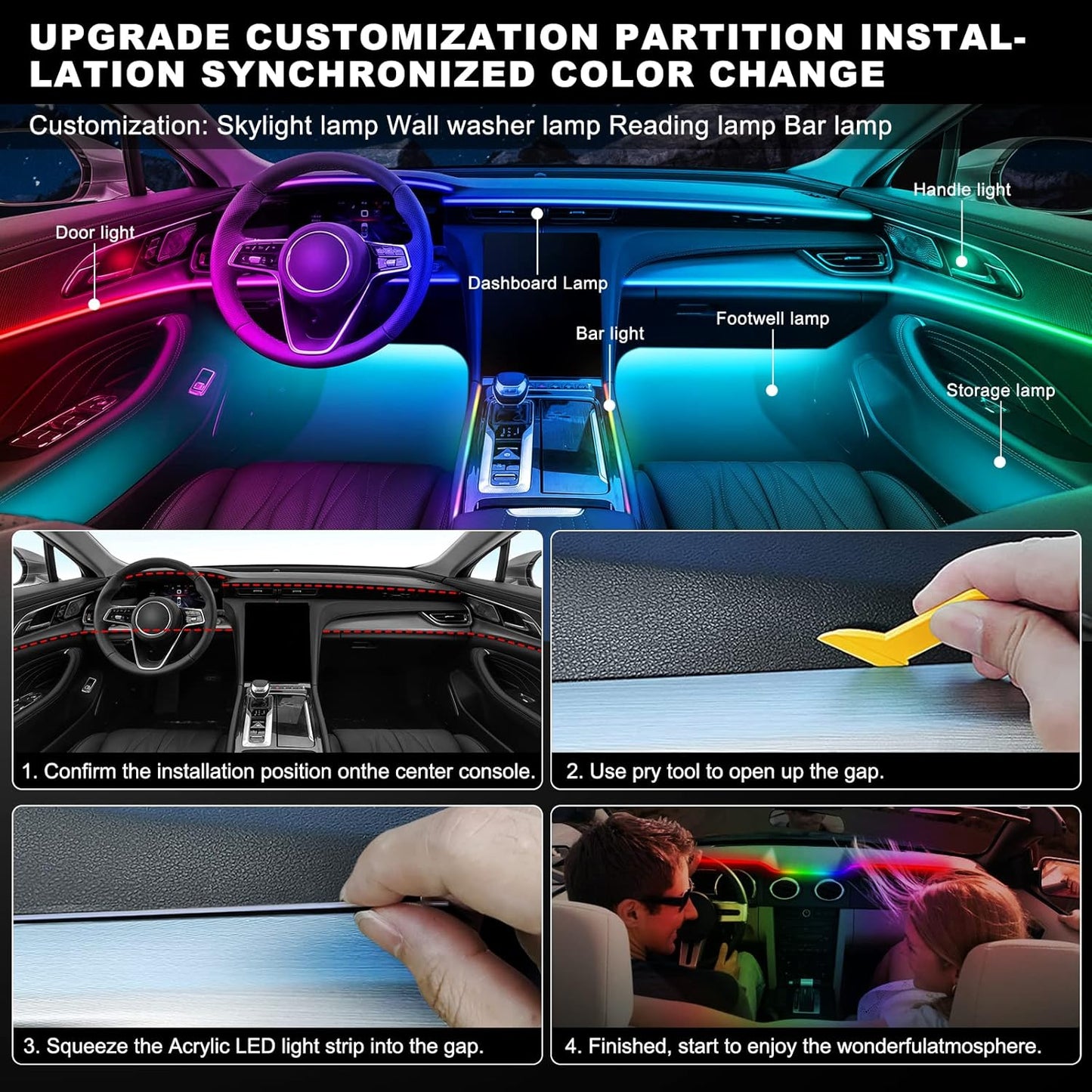 Dreamcolor Acrylic Interior Car LED Strip Light with Wireless APP, RGB 14 in 1 with 175 inches 593 LEDs Fiber Optic Ambient Lighting Kits, 16 Million Colors Sound Active Function Car Neon Lights