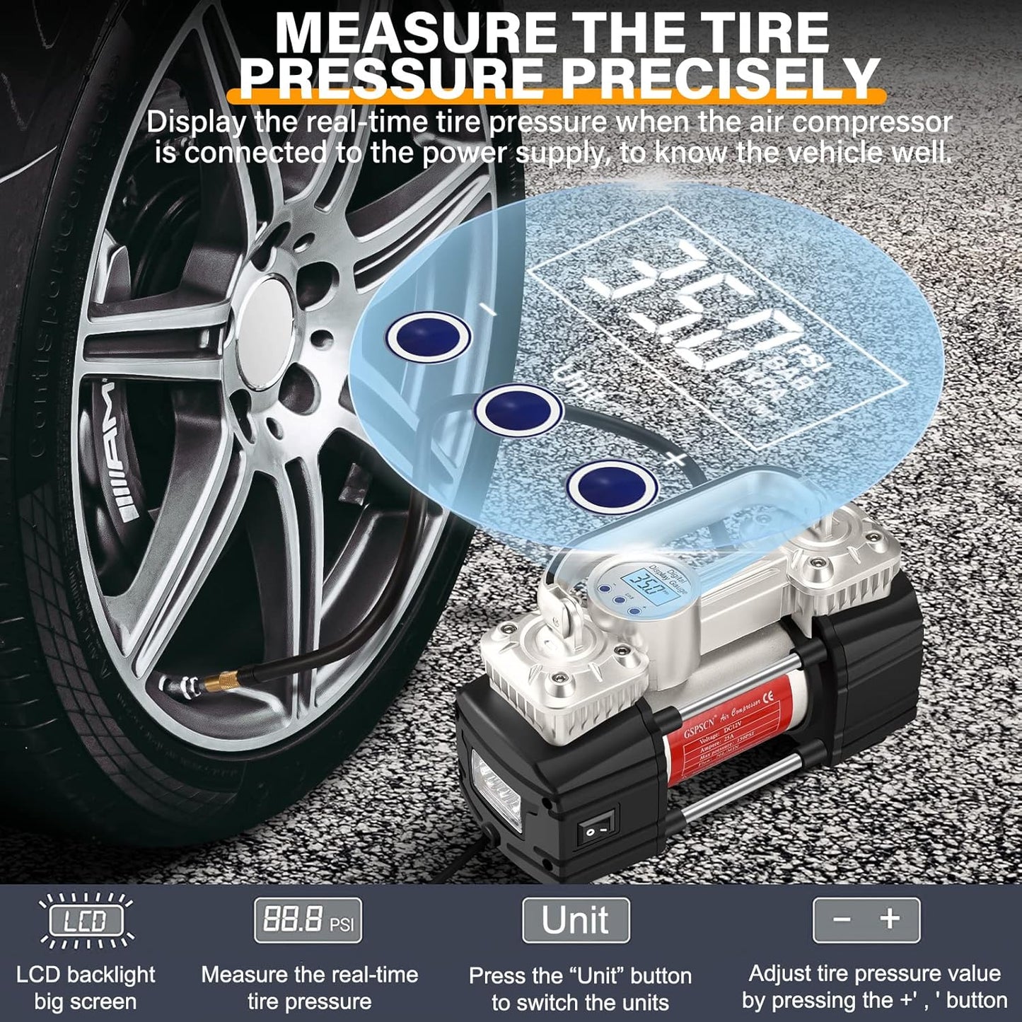 GSPSCN Digital Tire Inflator, Portable Toolbox 12V Air Compressor Pump Heavy Duty Dual Cylinders Car Pump,150Psi Auto Shut-Off with Tire Repair Kit for Auto,SUV,Truck etc