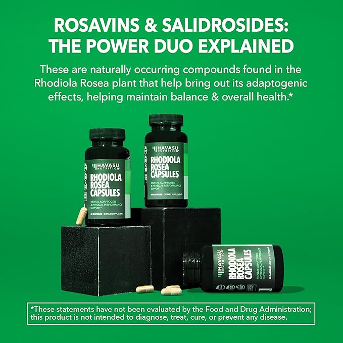 Rhodiola Rosea Supplement - Herbal Adaptogen for Mental and Physical Performance Support (3% Salidrosides, 3% Rosavins Extract) - 60 Count - Vegan, Non-GMO, and Gluten-Free Capsules - 2 Month Supply