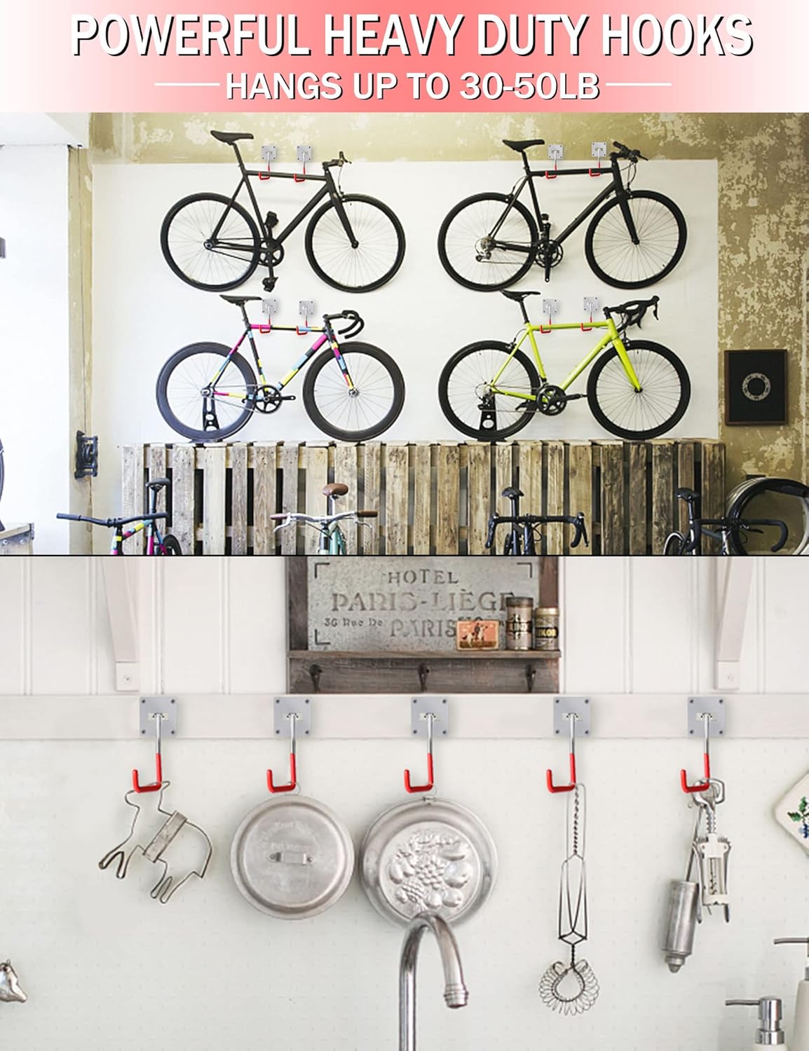 HAISHINE Garage Hooks, 2 Pack Adjustable Hooks for Wall Storage, Stainless Steel Heavy-Duty Utility Hooks with Anti-Slip Coating Organizing for Chainsaws, Bike, Garden Tools(Screws and Dowels Include)