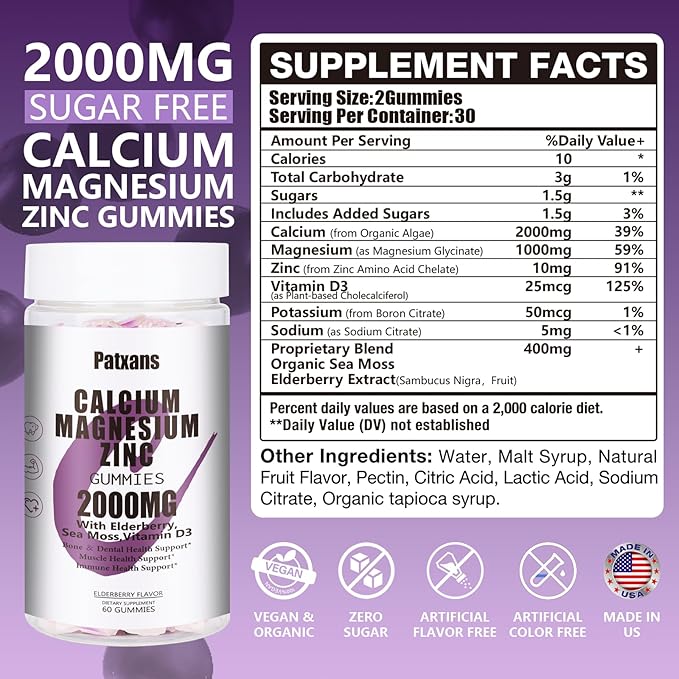 1 Pack 2000MG Calcium Magnesium Zinc Gummies with Vitamin D3 & Elderberry, Sea Moss for Bone ＆ Tooth Strength, Muscle ＆ Immunity, Blueberry Flavor, 60ct.