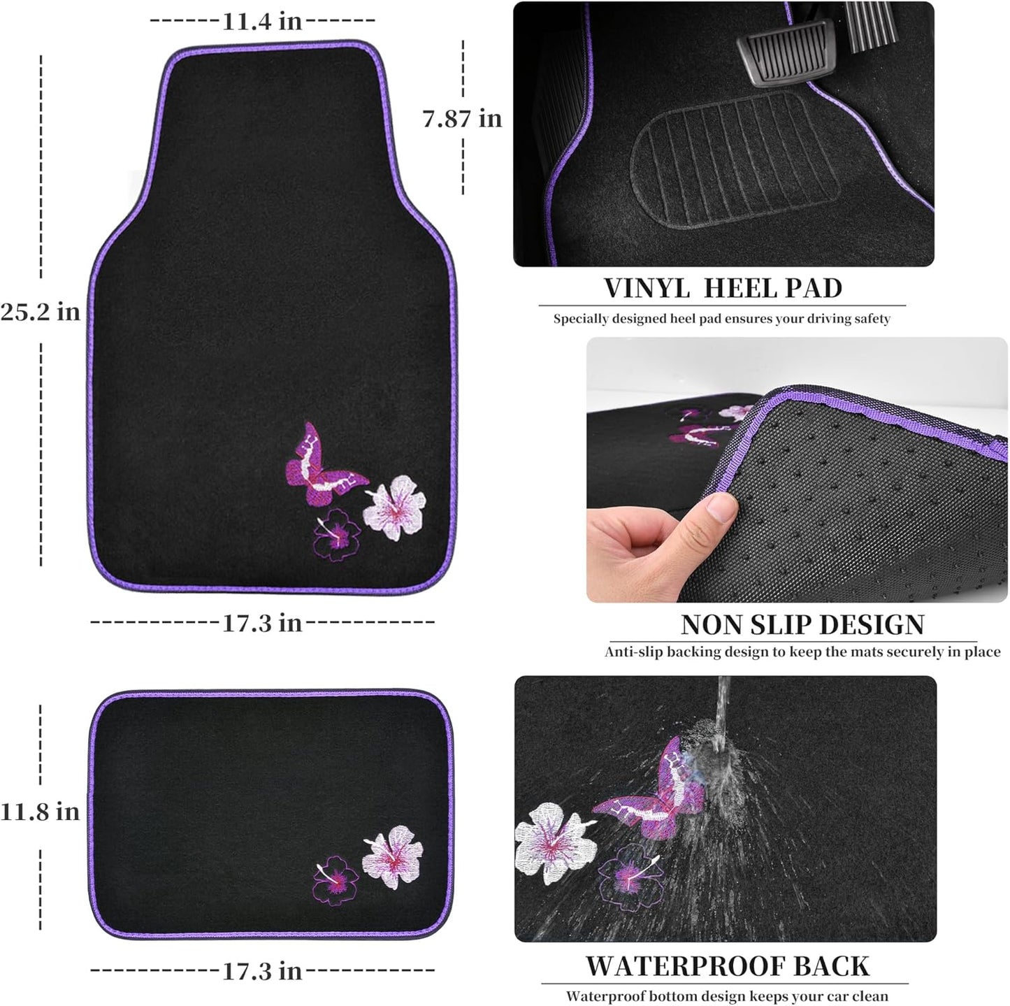 CAR PASS Universal Butterfly Car Seat Covers Front Set, Embroidered Flower Waterproof Car Floor Mats Carpet, Butterflies Steering Wheel Cover for Car Accessories Interior Sets (Black and Purple)