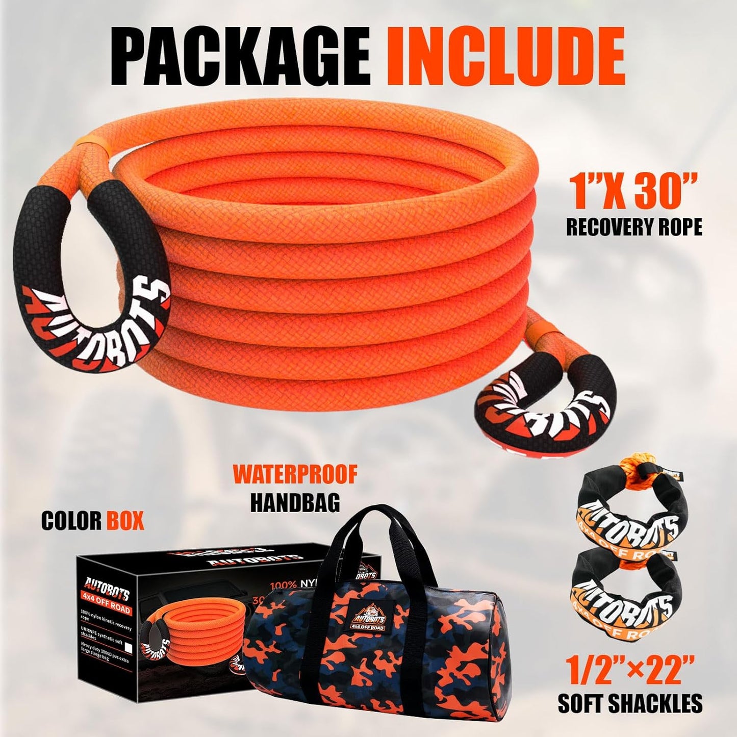 AUTOBOTS Kinetic Recovery Rope 1" x 30'(48,600lbs)+2 Soft Shackles，Heavy Duty Tow Rope Tow Strap for Truck ATV UTV SUV Car，Offroad Recovery Kit
