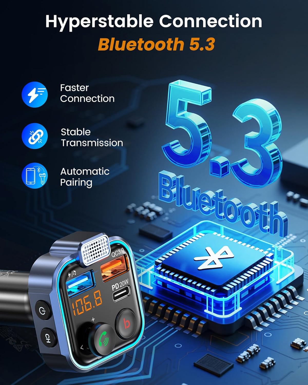 LENCENT FM Transmitter in-Car Adapter, Type-C PD 20W+ QC3.0 Fast USB Charger, Wireless Bluetooth 5.3 Radio Car Kit, Hands-Free Calling, MP3 Player Receiver Hi Fi Bass, Support U Disk