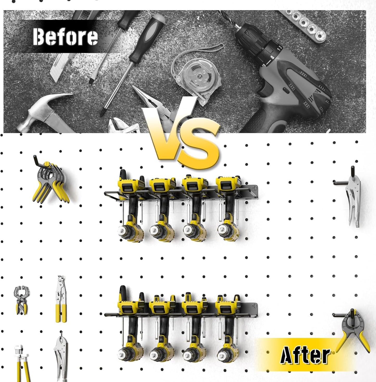 Drill Holder Wall Mount, Power Tool Organizer, Heavy Duty Metal Tool Storage with 8 Drill Racks for Garage Workshop Shed Pegboard Basement, 2 Pcs