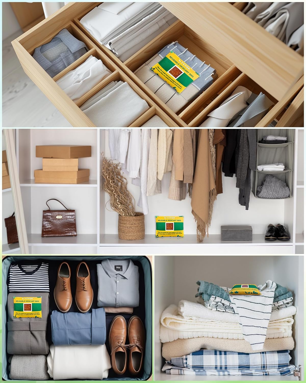 Rechargeable Desiccant Pack 2 x 500g, Moisture Absorber with Transparent Indicator Window, Silica Gel Desiccant Dehumidifier for Closet, Basement, Gun Safe, RV,Garage & Storage